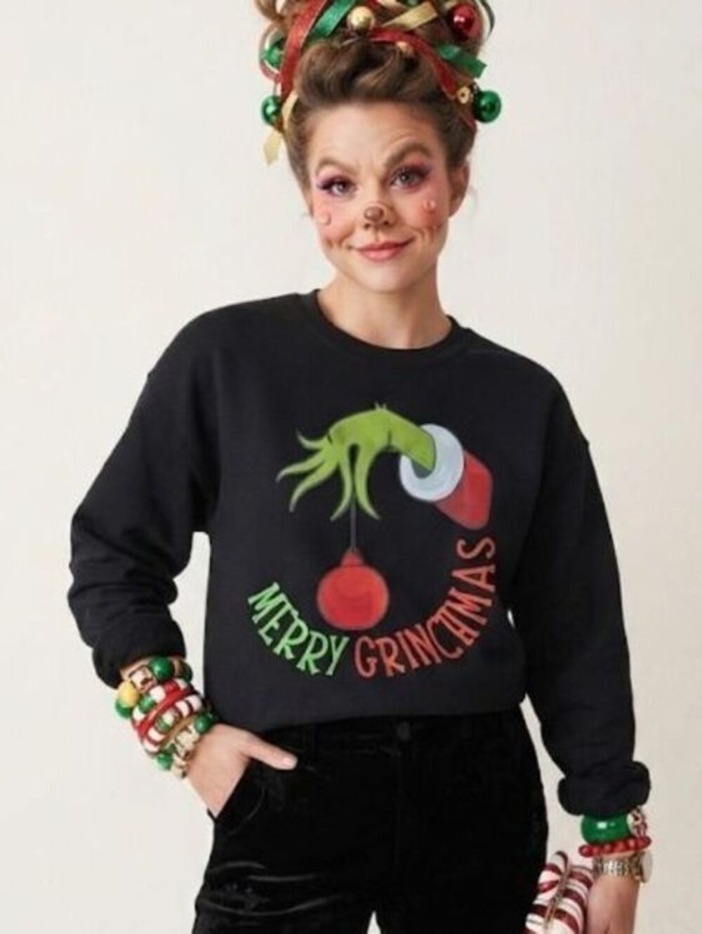Merry Christmas w/ grinch hand black sweatshirt